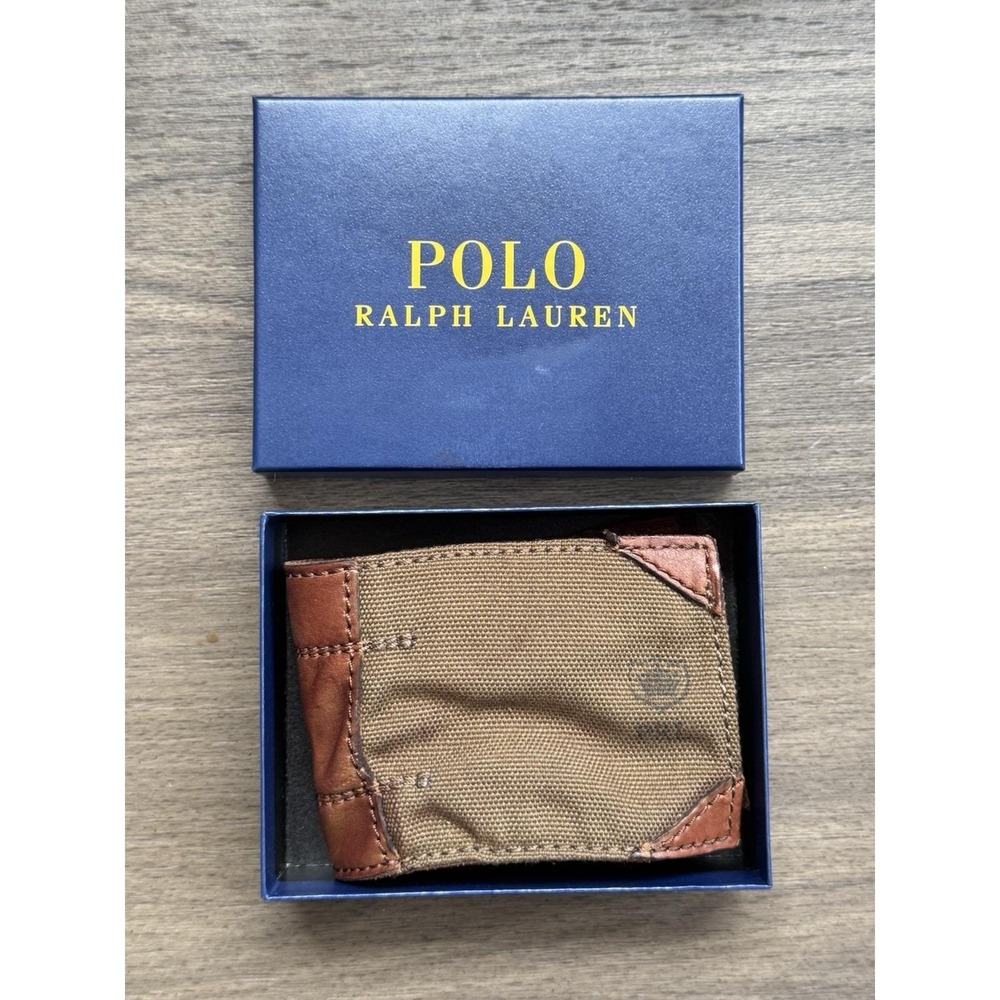 Polo Ralph Lauren Bifold Army Green Canvas & Leather Brown Corners Wallet - Picture 2 of 13